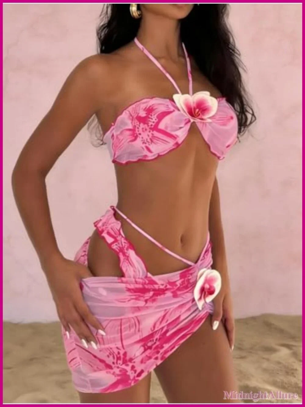Tropical Floral Bikini Set with Adjustable Top, Tie-Side Skirt Cover Up,
